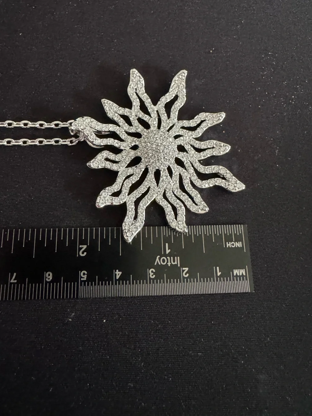 Sunburst Silver-tone Sparkling Pendant Necklace -  24” Adjustable Chain